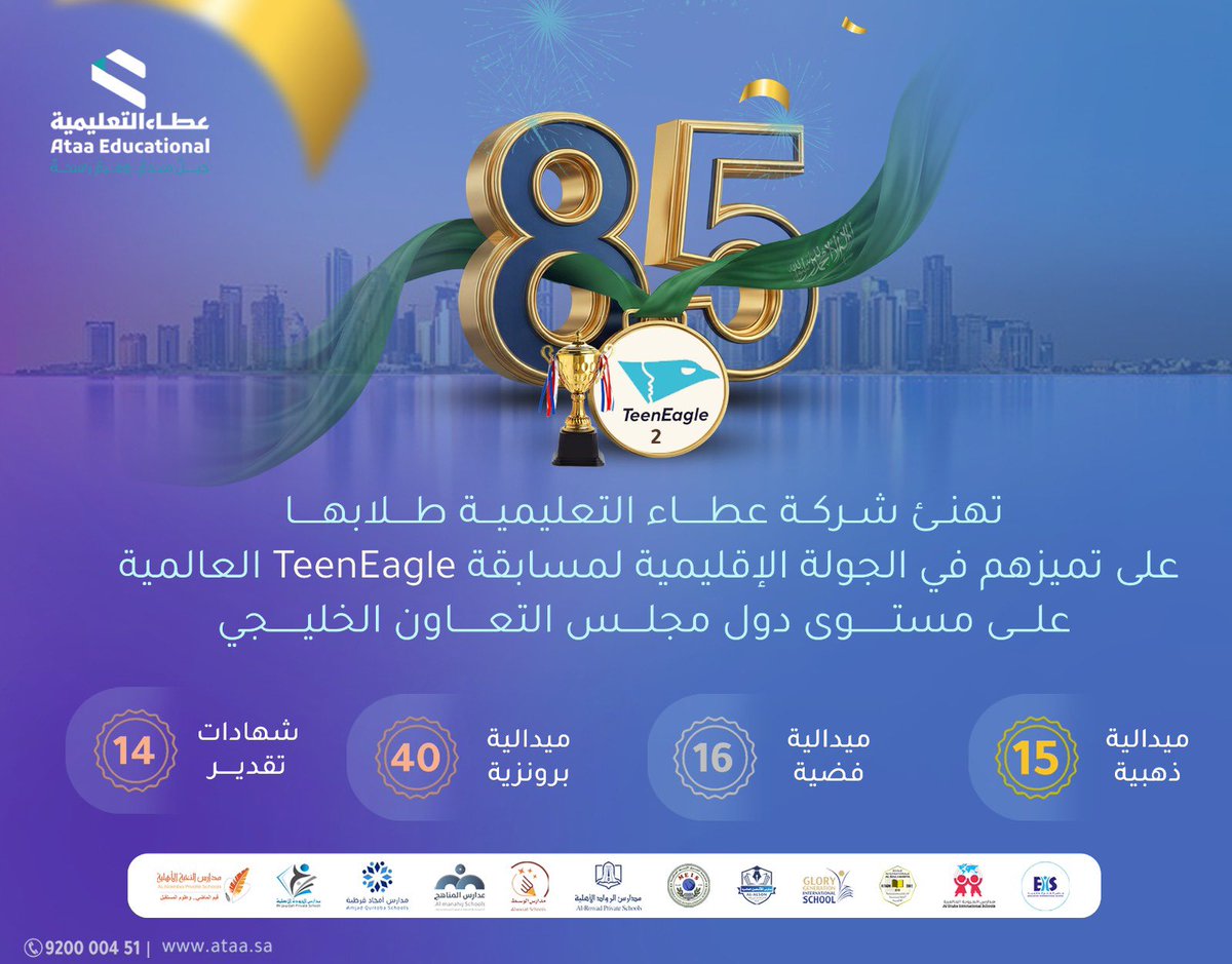 فخر جديد يُضاف إلى سجل إنجازات #عطاء_التعليمية 🇸🇦 🏆

85 إنجازًا حققها طلبتنا في الجولة الإقليمية لمسابقة TeenEagle العالمية على مستوى دول مجلس التعاون الخليجي 🥇🥈🥉
في تأكيد جديد على قوة المنظومة التعليمية وتميّز مخرجاتها.

نعتز بطلابنا، ونواصل صناعة الفارق كل يوم ✨