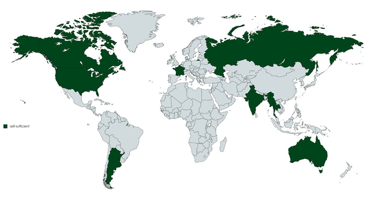 ‼️Countries considered food self-sufficient even if there are world wars.

They produce enough staples domestically to meet all of it's national needs without any imports.

India 🇮🇳 ranks no.1 globally.

Source: UN &amp; World Bank.