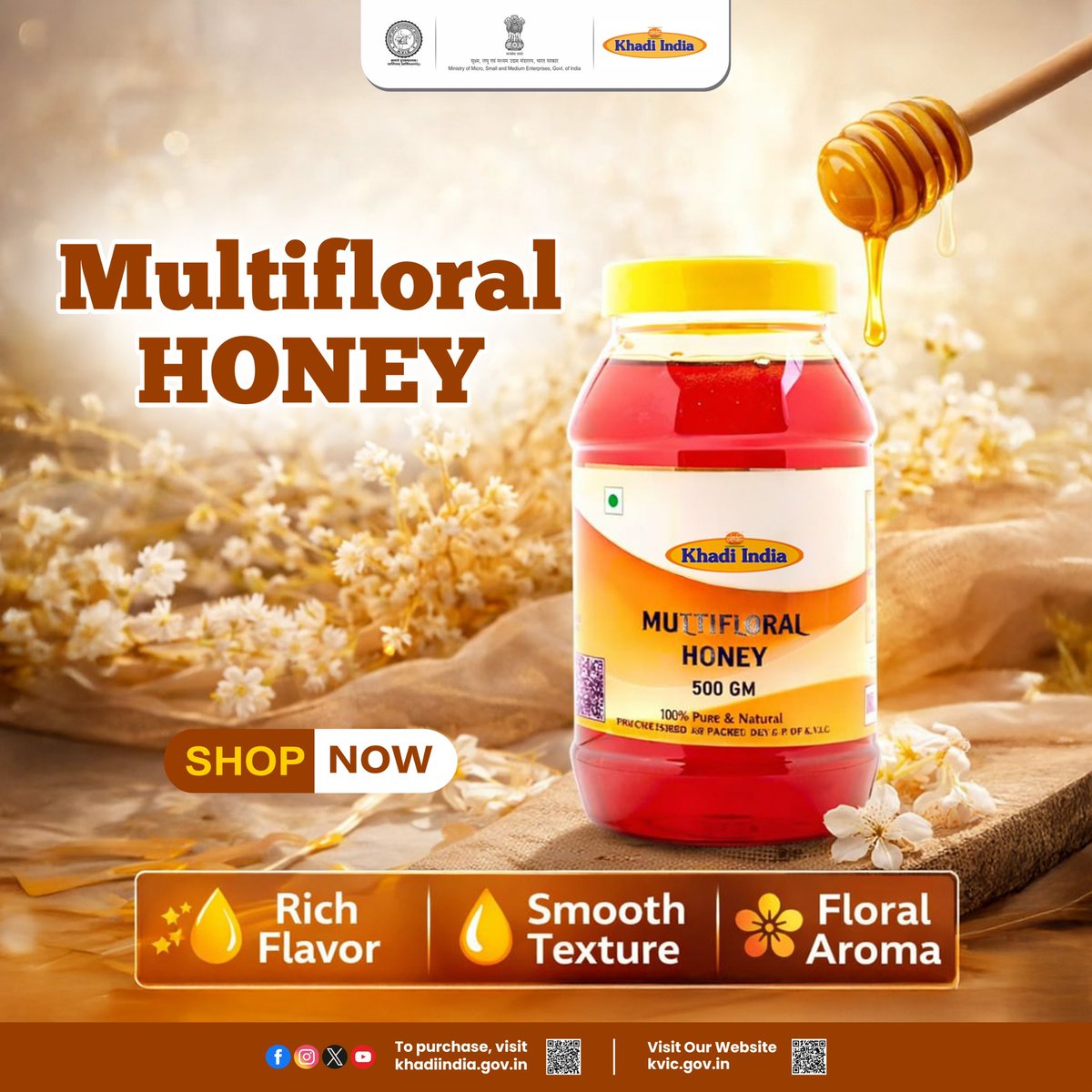 kvicindia's tweet photo. Elevate your everyday wellness with the natural sweetness of Khadi India RR Multifloral Honey. Harvested with care and crafted to preserve its purity, this 100% Pure & Natural honey brings you the richness of nature in every spoonful.

Indulge in its rich flavor, enjoy the smooth texture that melts effortlessly, and experience the delightful natural aroma that makes every drop special. Whether drizzled over breakfast, stirred into warm water, or used in your favorite recipes, this jar is your wholesome companion for a balanced lifestyle.

Choosing Khadi means embracing authenticity, traditional values, and support for skilled local producers. Add a touch of natural goodness to your daily routine with Khadi India Multifloral Honey.

SHOP NOW: Visit your nearest Khadi Gramodyog Bhavan or order online at https://t.co/4m1JZLkbwJ

#KhadiIndia
#Khadi
#MultifloralHoney
#KVIC
#VocalForLocal