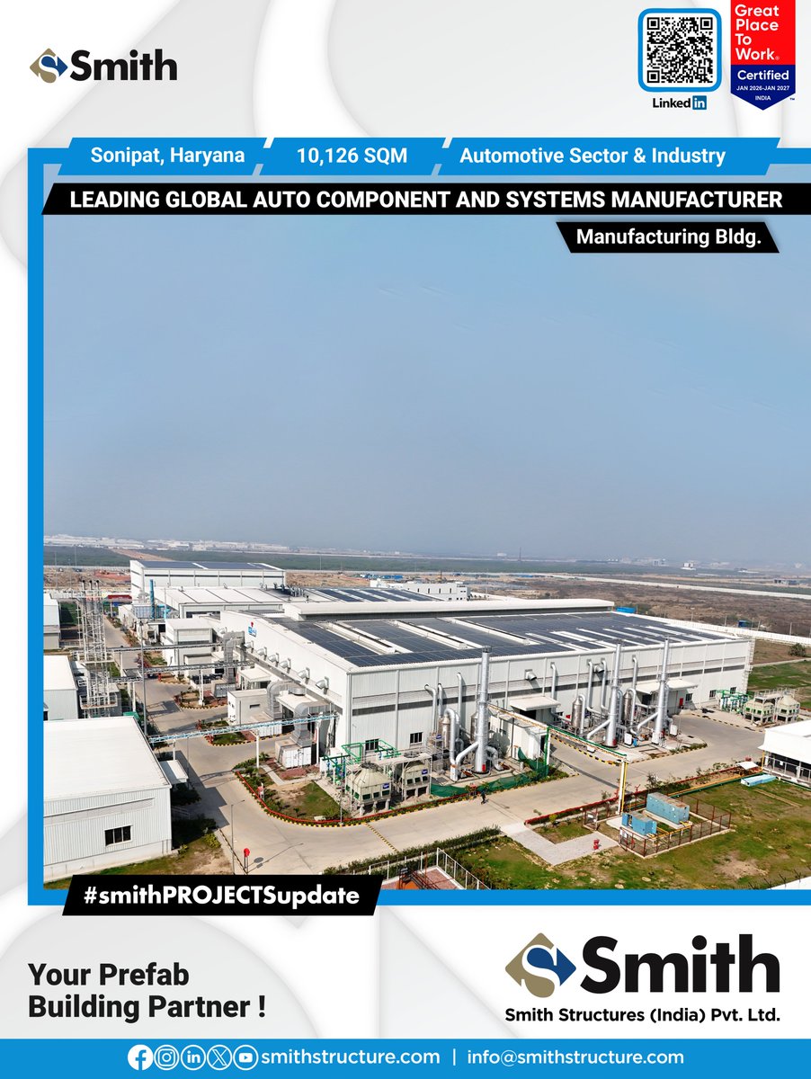 StructuresSmith's tweet photo. #SmithPROJECTSupdate | Manufacturing Excellence Delivered

SSIPL has successfully completed a PEB Manufacturing Factory Building for a leading global auto component &amp; systems manufacturer in the Automotive Sector.

#SSIPL #SmithStructures #PEB #AutomotiveIndustry https://t.co/11vz6iSFba