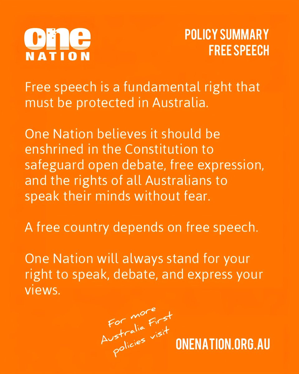 When Labor &amp; Liberals conspired to pass pre-drafted "Hate-Speech" laws in the aftermath of Bondi, it was clear these parties no longer represent the interests of free Australians.

One Party will enshrine Free Speech into the constitution if elected.

I'm with them now 🧡🧡