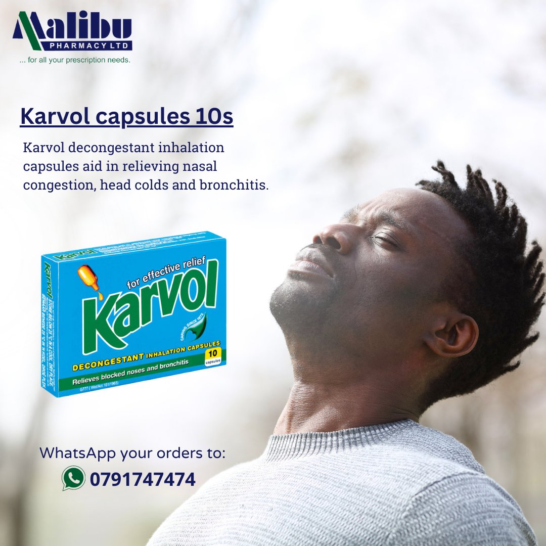 malibupharmacy's tweet photo. Karvol Decongestant Inhalation 10 Capsules contains a combination of oils that help relieve nasal congestion, head colds and bronchitis, so you can breathe easier.

Call or WhatsApp us at 0791747474 to order or visit any of our nearest branches.

#malibupharmacy #decongestant https://t.co/q3Oa5r2l2J