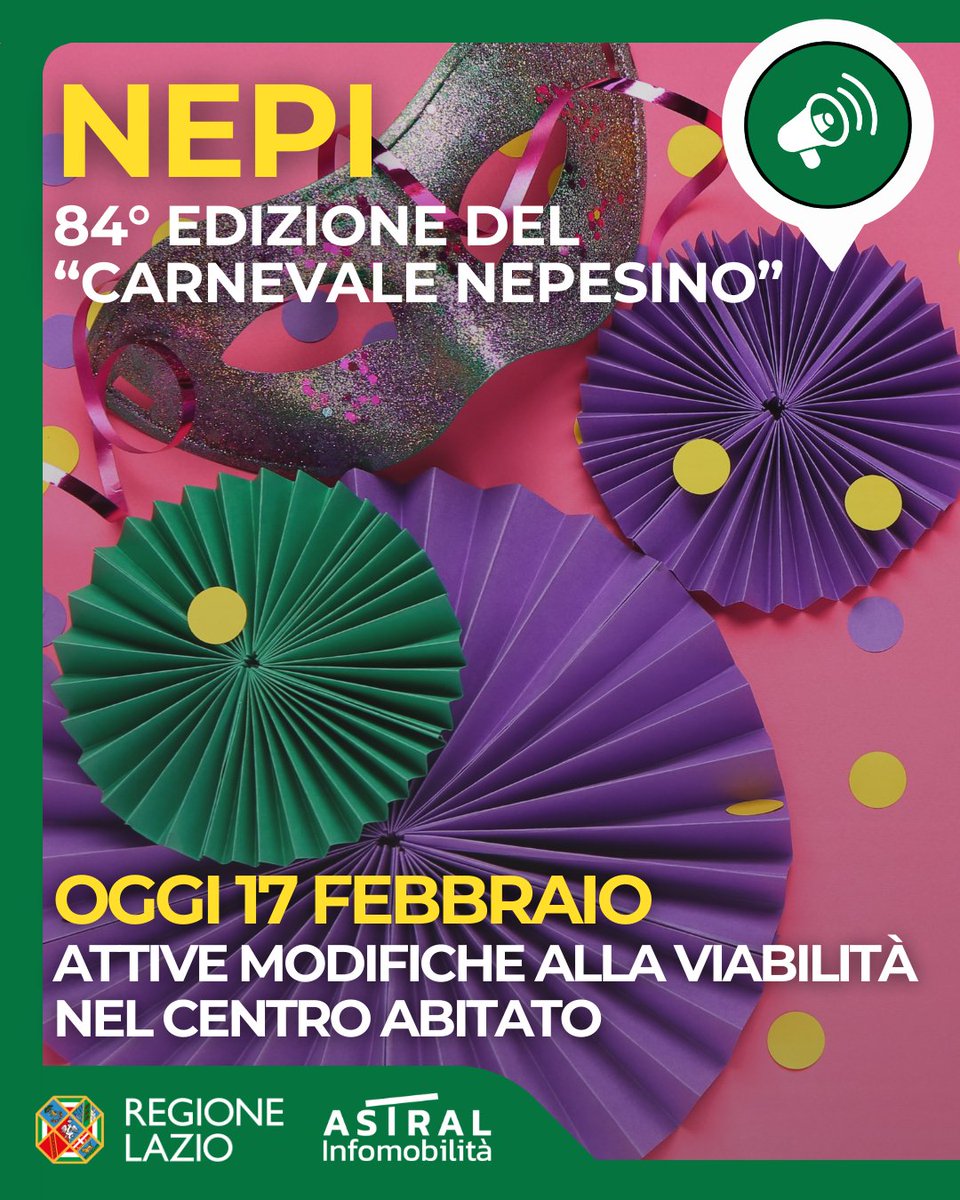astralmobilita's tweet image. 📢🎭 #Nepi #84edizione #CarnevaleNepesino

📅 #17Febbraio

⚠️ modifiche alla #viabilità nelle aree interessate dall'evento

👉 shorturl.at/A6Fix

#viabiliLAZ