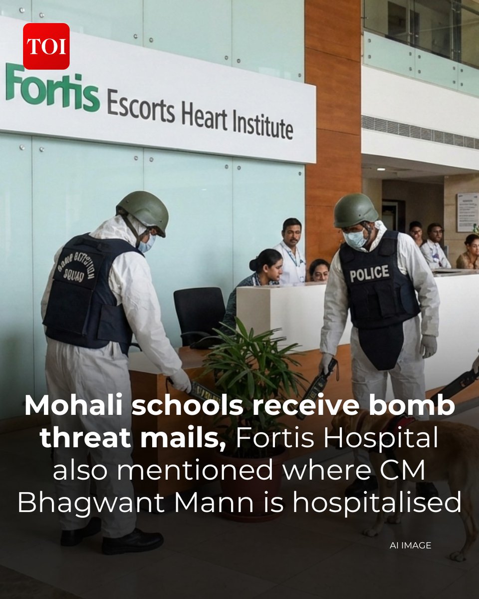 timesofindia's tweet image. A bomb threat was received in the morning via email on Tuesday to blow up #Fortis Hospital #Mohali and several nearby schools at around 1:11 pm in Mohali, #Punjab. The threat message has prompted an immediate security response from the Punjab Police and other security agencies.