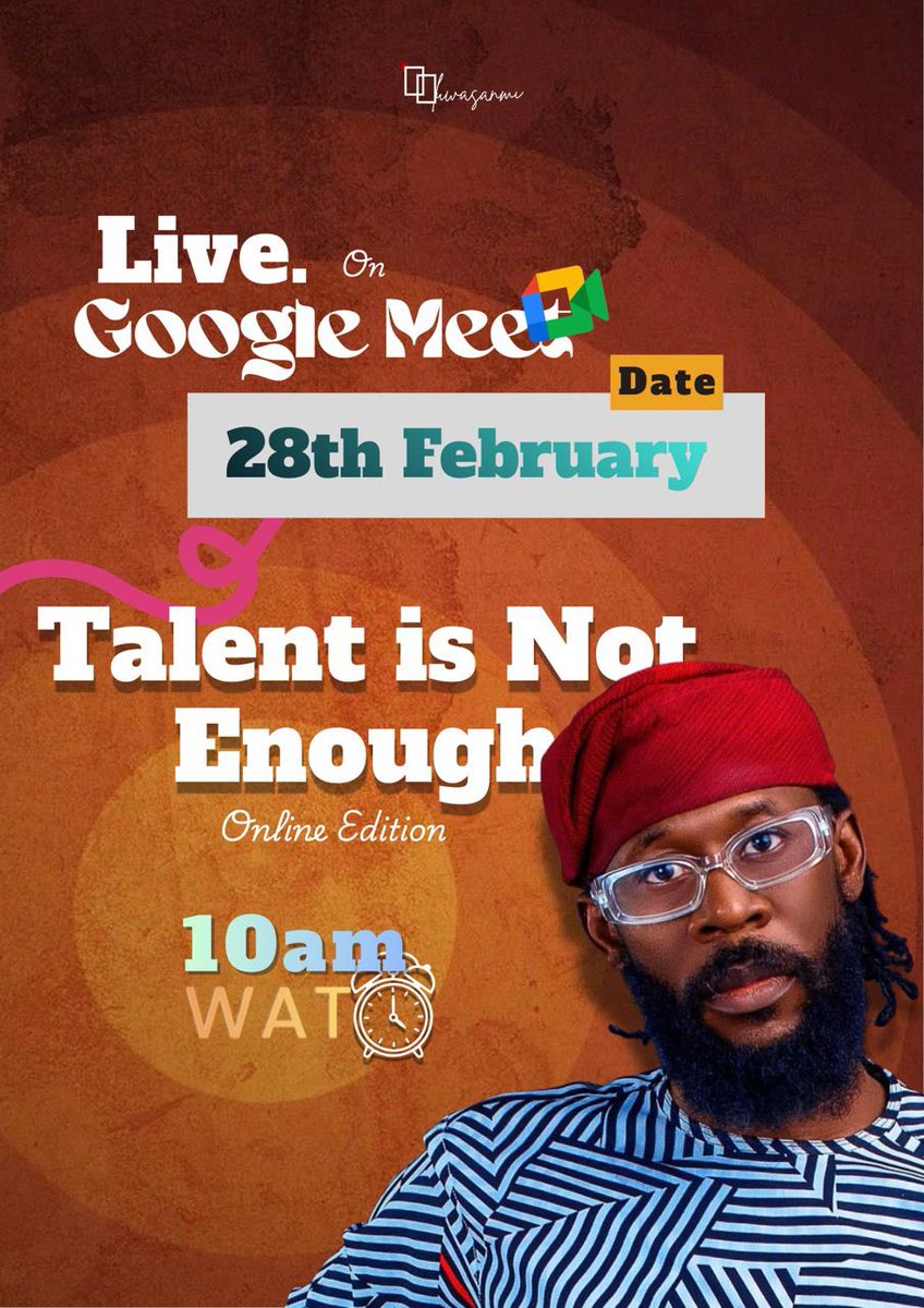 TALENT IS NOT ENOUGH - ONLINE EDITION

🗓: Saturday, Feb 28  •  10:00 – 11:00

Google Meet joining info
Video call link: meet.google.com/mwz-mumr-tvk

Cc <a href="/olaoluwasanmi/">Olá Oluwasanmi Brand Consultancy</a> <a href="/rookie_brand/">Rookie Brand</a> <a href="/boi_kuti8/">boikuti.base.eth</a> <a href="/OlaHatchYoung/">Benjamin Olajide</a> <a href="/Demoboy18/">Emmy Nuel 🇳🇬🇺🇸 omobadan</a> 

#MusicBusiness #ExtendedFamily