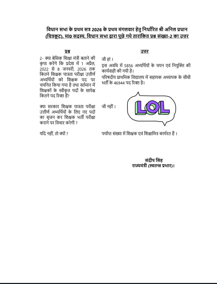 आज सदन में बेसिक शिक्षा मंत्री जी ने स्पष्ट किया कि सरकार शिक्षक भर्ती परीक्षा नहीं कराएगी पर्याप्त संख्या में शिक्षक एवं शिक्षामित्र उपलब्ध है।

धन्यवाद मंत्री <a href="/thisissanjubjp/">Sandeep Singh</a> जी।

अब डीएलएड बीटीसी वालों तुम अपना देख लो अभी भी अंधभक्ति करनी है या 2027 में सरकार बदलनी है।