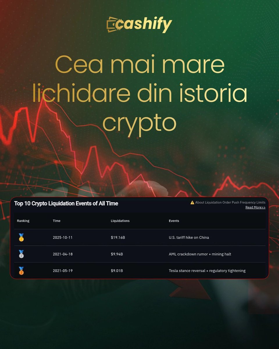 📊 Neata! Cel mai mare eveniment de lichidare din istoria crypto

Lichidarea din 11 octombrie 2025 rămâne cea mai mare din istoria pieței crypto, cu peste 19 miliarde $ lichidate într-o singură zi.

Evenimentul a fost declanșat de factori macro, nu de un proiect crypto anume.