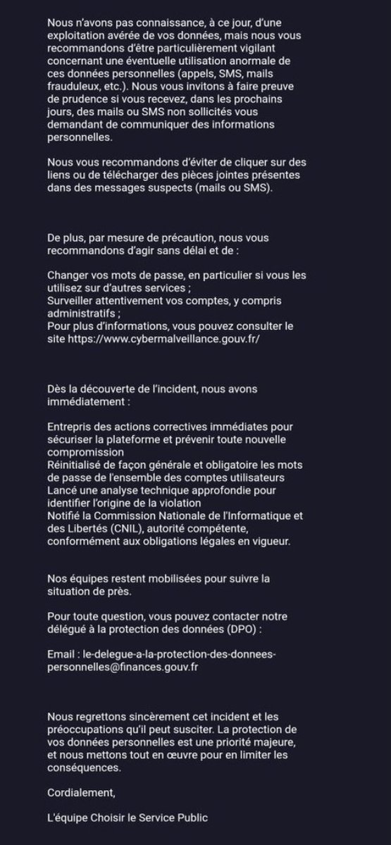 _SaxX_'s tweet photo. 🚨🔴CYBERALERT 🇫🇷FRANCE🔴 | Cyberattaque au Service-public : un incident de cybersécurité entraîne la divulgation de données personnelles... ⤵️

Le mercredi 4 février 2026, un incident de cybersécurité a été détecté sur la plateforme Choisir le Service Public. Des données personnelles et professionnelles appartenant à l'ensemble des utilisateurs inscrits sur la plateforme sont dans les mains de cybercriminels...

👉🏾 Identité complète (nom et prénom)
👉🏾 Adresse postale complète
👉🏾 Numéro de téléphone
👉🏾 Date de naissance
👉🏾 Adresse électronique
👉🏾 Niveau de diplôme atteint et parcours académique
👉🏾 Type de poste recherché
👉🏾 Domaine de spécialisation professionnelle
👉🏾 Langues maitrisées avec indication du niveau de compétence pour chacune
👉🏾 Categorie d'emploi visée
👉🏾 Préférences géographiques pour le futur poste

Bon c'est devenu tellement banal ! 

Je pense sincèrement que l'on s'en fout de nos données personnelles...

Je n'ai plus les mots... au delà de mes maux cyber...

Que seul le cyberespace vous vienne en aide...

Cybèrement vôtre,

SaxX ¯\_(ツ)_/¯