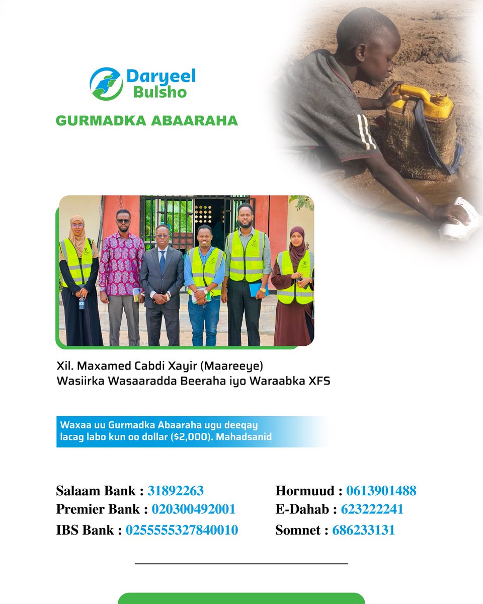 Wasiirka Wasaaradda Beeraha iyo Waraabka XFS mudane, Xil. Maxamed Cabdi Xayir (<a href="/Hon_Maareeye/">Mohamed A. Hayir (Maareeye)</a>) ayaa lacag dhan labo kun oo dollar ($2,000) oo loogu talo-galay ugu deeqay Gurmadka Abaaraha.

#GurmadkaAbaarahaSoomaaliya
#AanIsGarabsano
#BiyoWaaNolol
#WaxyarIyoSaameynWayn