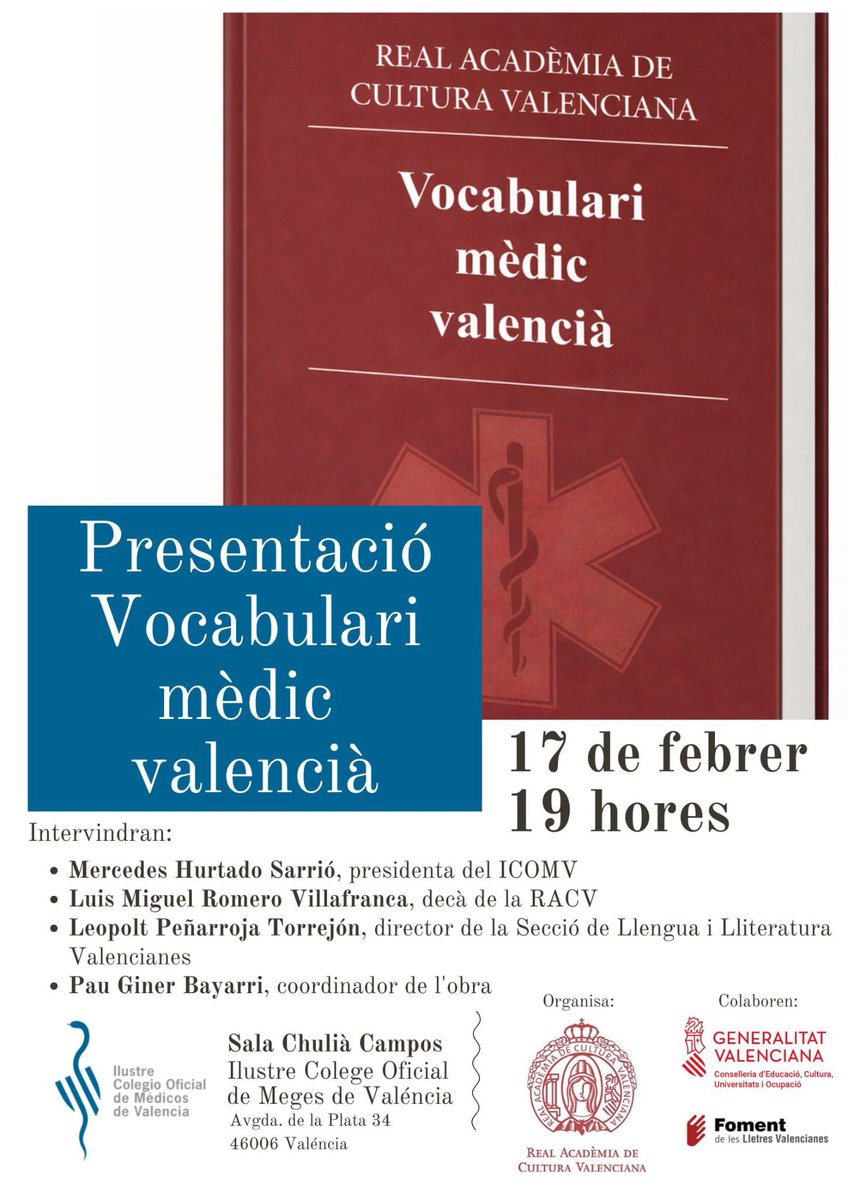 LoRatPenat_'s tweet photo. 📕🩺Presentació del "Vocabulari Mèdic valencià" . 

📅🗣️Hui, 17 de febrer de 2026 a les 19 h, en l'Ilustre Colege Oficial de Meges de Valéncia, se presentarà “Vocabulari Mèdic valencià”. 

👥✅Publicat per la @RACValenciana, elaborada per un equip de meges valencians de distintes especialitats, i coordinada pel Dr. Pau Giner Bayarri, membre de la Junta de Lo Rat Penat i Director de Publicacions, baix la direcció de la Secció de Llengua i Lliteratura d'esta Real Acadèmia.