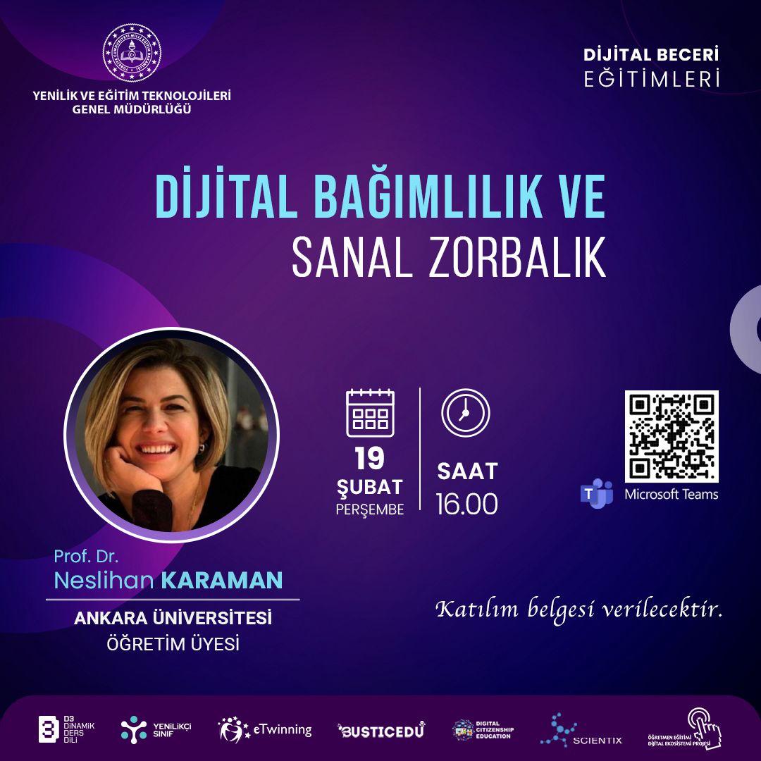 📢 “Dijital Beceri Eğitimleri” Kapsamında Çevrim İçi Eğitimlerimiz ve Atölyelerimiz Devam Ediyor
📌 Eğitim: Dijital Bağımlılık ve Sanal Zorbalık
🔗 Bağlantı: meb.ai/Yq0Iq8 
✅ Toplantı Kimliği: 337 378 810 825 53
✅ Geçiş Kodu: J3mD6Jz9