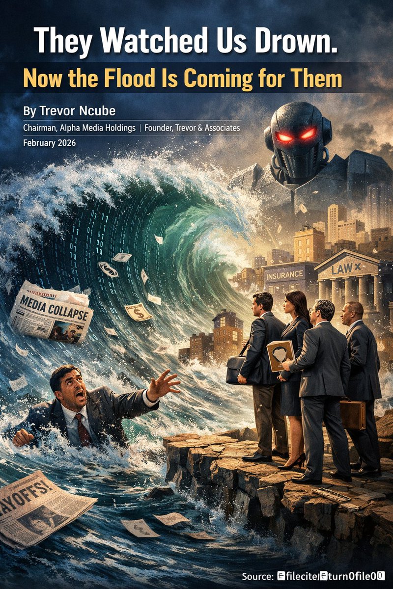 TrevorNcube's tweet photo. "They watched us drown. They read about our layoffs in the very newspapers we were fighting to keep alive. Now AI is coming for banking, insurance, law, and accounting - and it won't bleed them slowly. It will drown them." Full piece here 👇 https://t.co/sbEXod6ECo https://t.co/hOnDOlzEoY