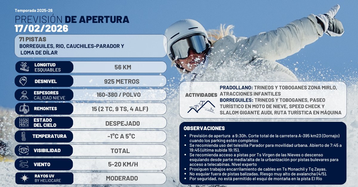 Buenos días #SierraNevada 
ℹ️ Parte de nieve: sierranevada.es/partedenieve 
🔹Previsión de apertura a 9:30h