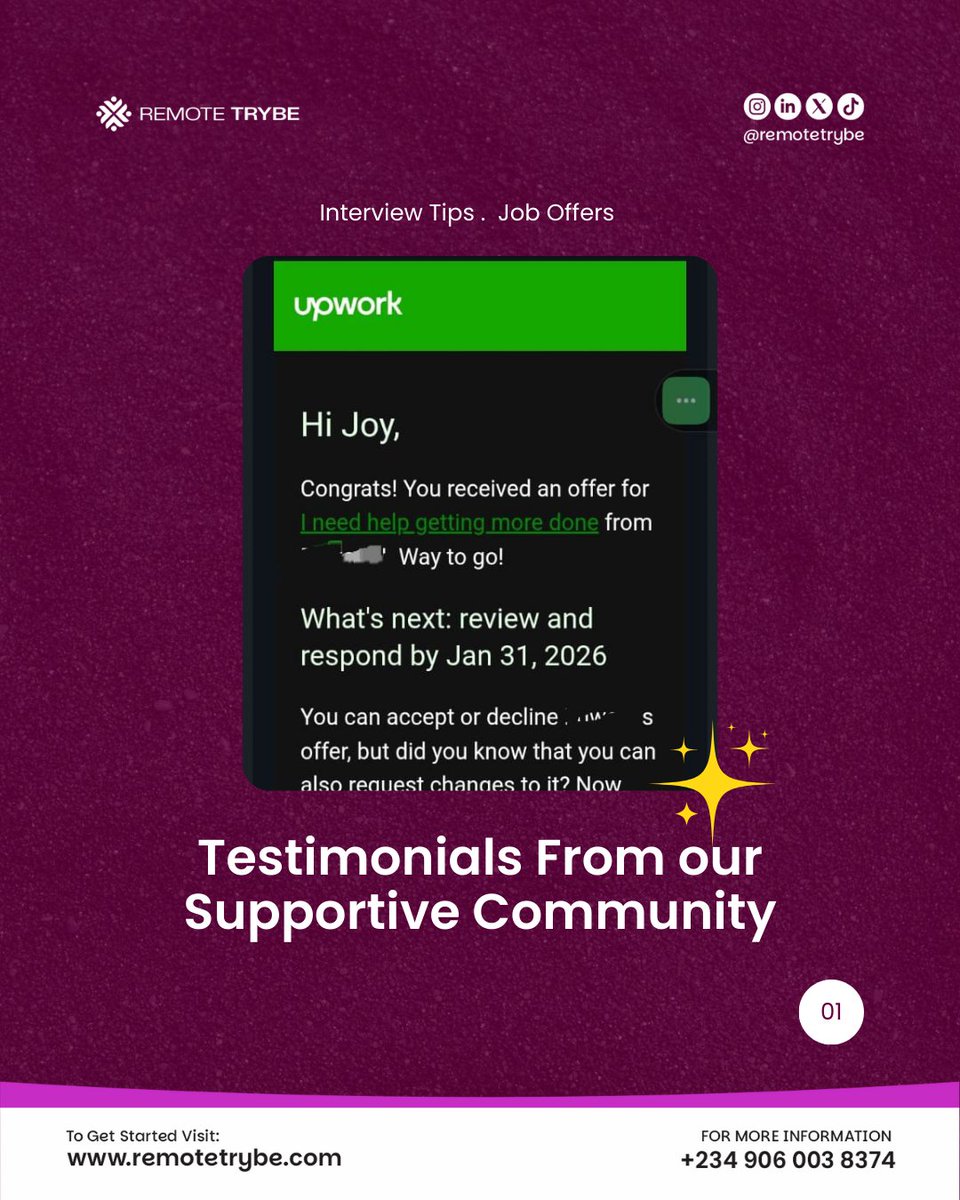 remotetrybe's tweet photo. The power of an optimized profile 🎉
Joy landed a job on Upwork without sending a single proposal.
Congratulations 🎉.
She got a direct message from a client simply because her profile was well optimized.
Join us today https://t.co/dneXC5pJZd
#TacoTuesday
#remotetrybe
#onlinejob https://t.co/fEw1IfpnSO