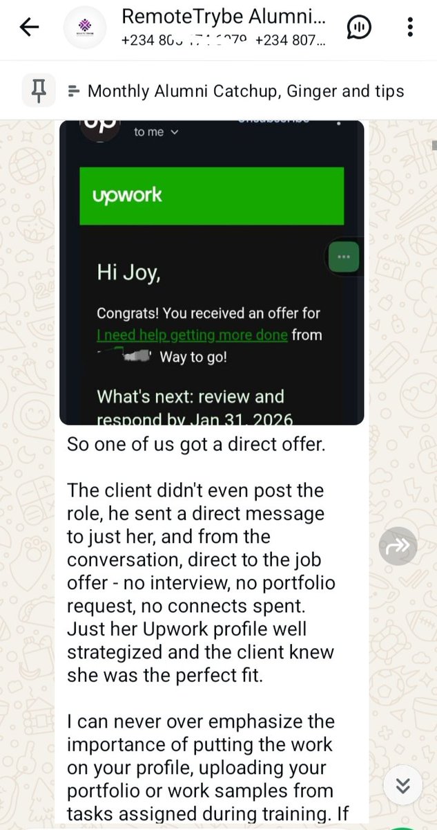 remotetrybe's tweet photo. The power of an optimized profile 🎉
Joy landed a job on Upwork without sending a single proposal.
Congratulations 🎉.
She got a direct message from a client simply because her profile was well optimized.
Join us today https://t.co/dneXC5pJZd
#TacoTuesday
#remotetrybe
#onlinejob https://t.co/fEw1IfpnSO
