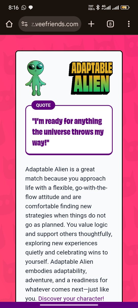 I took the VeeFriends personality quiz and matched with Adaptable Alien! Find out which character you are. quiz.veefriends.com/?id=ec4759f9-e…