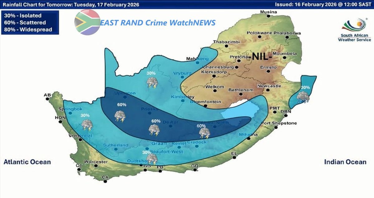 cbdoilRSA's tweet image. Your weather for today  17 February 2026
 Partly cloudy and warm to cool with isolated showers and thundershowers over central and western interior.
 Yellow Level 2 Warning: Severe thunderstorms with damaging winds, hail, heavy rain and possible flooding.
Stay safe.
#SAWeather