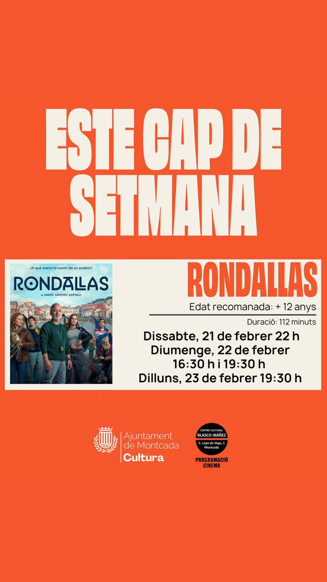 🎞️ Programació de cinema per al cap de setmana!

Torna una programació completa de cinema per a aquesta setmana!

Organitzat per la Regidoria de Cultura.