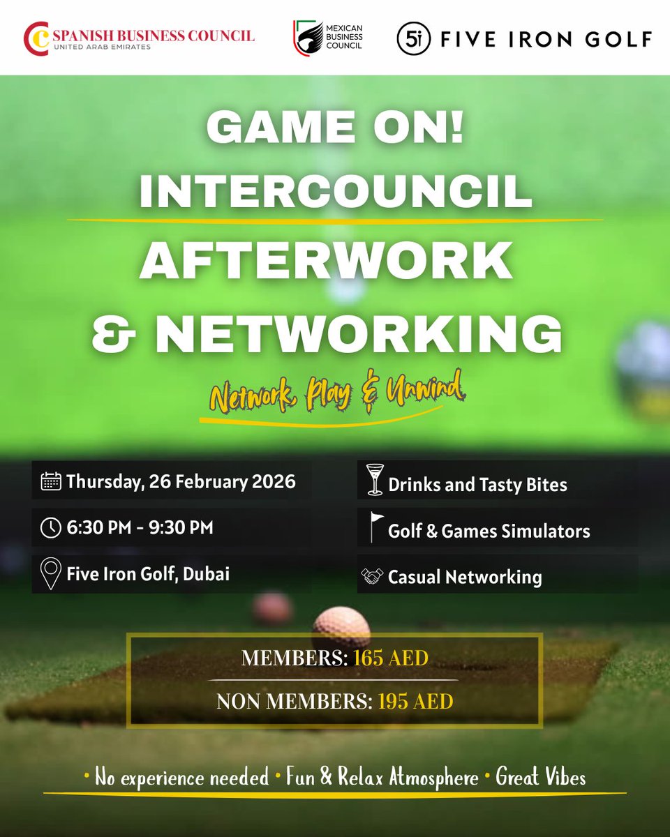 ⛳🎉The SBC and the Mexican Business Council  invite you to a fun, relaxed and slightly competitive #networking evening at <a href="/fiveirongolf/">Five Iron Golf</a> 

Limited spots — booking required - spanishbusinesscouncil.ae/events/game-on…

#InterCouncilNetworking #AfterworkDubai #BusinessNetworking