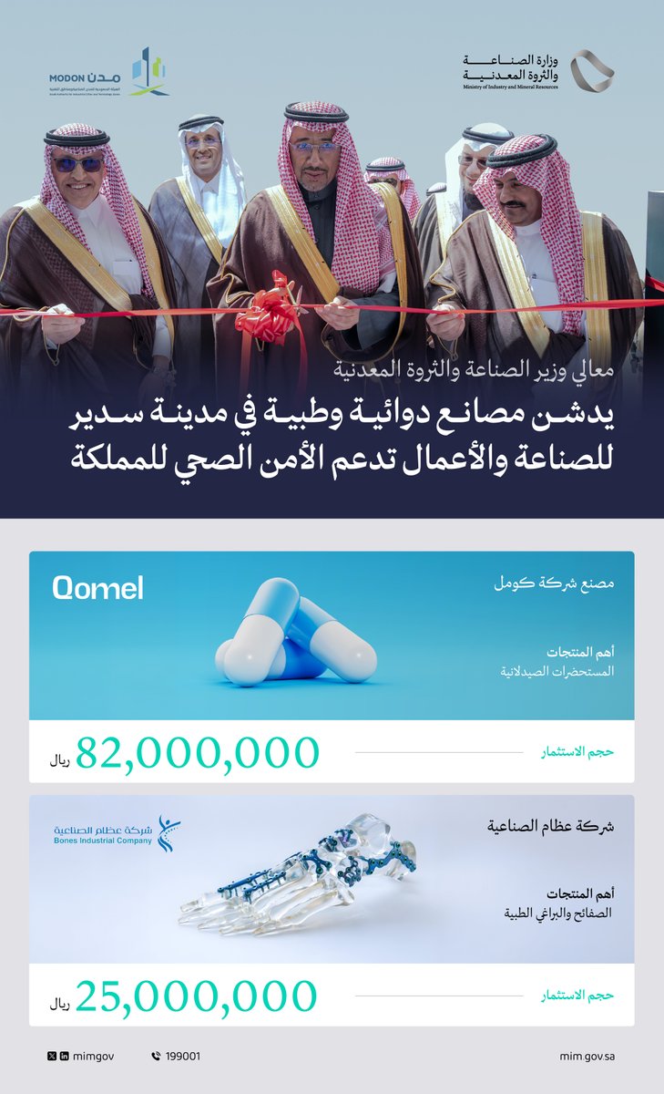 تدشين منشآت للصناعات الدوائية والطبية بمدينة سدير للصناعة والأعمال، تعزّز الأمن الصحي للمملكة.