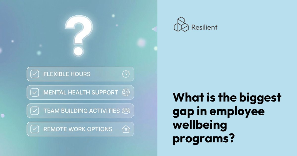 resilientAI's tweet photo. What is the biggest gap in employee wellbeing programs?

🔘 Low participation
🔘 No measurable ROI
🔘 Reactive, not preventive
🔘 Employees do not trust them https://t.co/qB5vmGNsqH