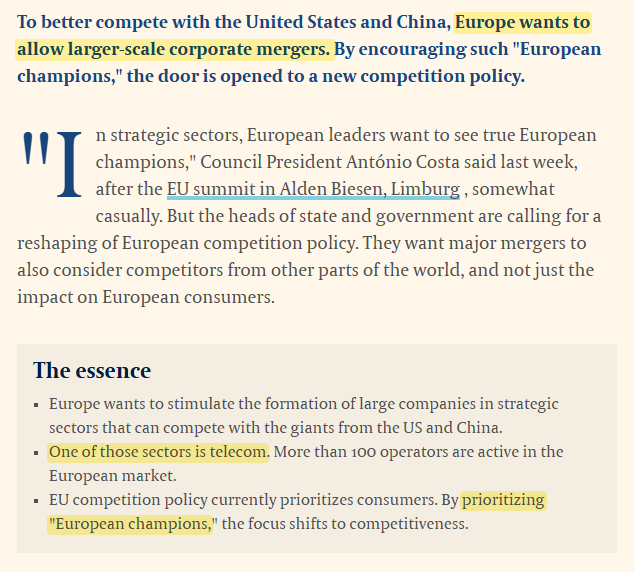 jefke00's tweet photo. Telecom bros rejoice! #ZEG

"EU opens door to bigger companies and less competition"

Scale (to invest and compete) > consumer protection

"Europe wants to stimulate the formation of large companies in strategic sectors that can compete with the giants from the US and China." https://t.co/EVDM8PGma4