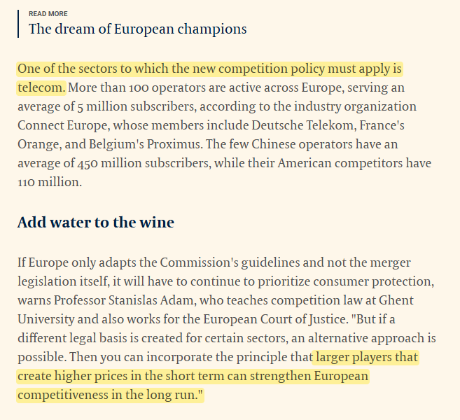 jefke00's tweet photo. Telecom bros rejoice! #ZEG

"EU opens door to bigger companies and less competition"

Scale (to invest and compete) > consumer protection

"Europe wants to stimulate the formation of large companies in strategic sectors that can compete with the giants from the US and China." https://t.co/EVDM8PGma4