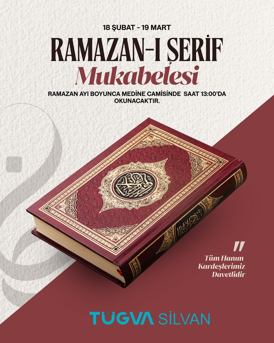 tugvasilvan's tweet photo. 🌙 Ramazan-ı Şerif Mukabelesi Başlıyor!

Bu Çarşamba günü başlayacak olan mukabelemiz, Ramazan ayı boyunca her gün saat 13.00’te Medine Camii’nde okunacaktır.

Kur’an’ın bereketli ikliminde buluşmak üzere tüm hanım kardeşlerimiz davetlidir. https://t.co/pK2niM1WcM
