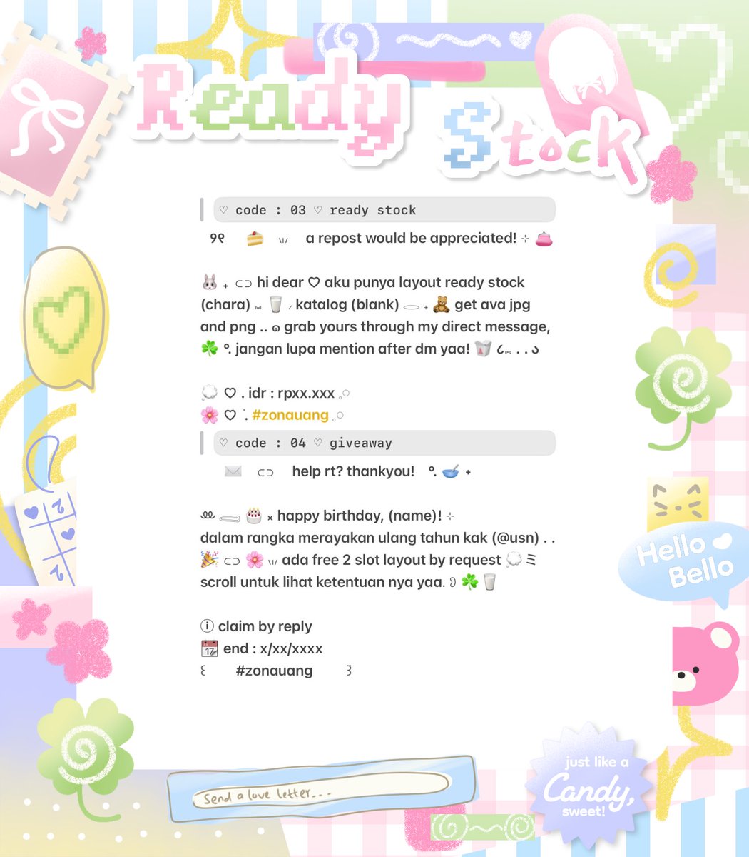 meolvv's tweet image. 💭  𖠗  ꒰ help retweet!  ꒱

🍧 ⓘ .. 𖢷 camat ciaang! 👛🐰Alisha punya wording caption untuk ba spess layout  ୨୧ 𓂃 🍨🌸 ⊹ only 6K/each! ▹ ♡ grab it fassttt  𖠗 ៸ ☘️🥣

🗝: #zonauang rs, ｜readystock