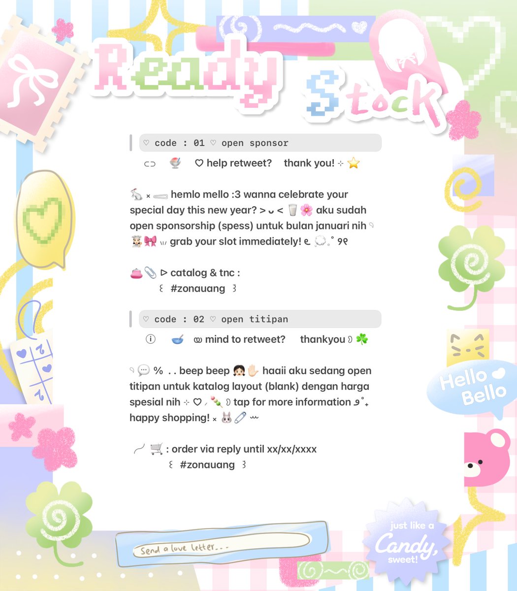 meolvv's tweet image. 💭  𖠗  ꒰ help retweet!  ꒱

🍧 ⓘ .. 𖢷 camat ciaang! 👛🐰Alisha punya wording caption untuk ba spess layout  ୨୧ 𓂃 🍨🌸 ⊹ only 6K/each! ▹ ♡ grab it fassttt  𖠗 ៸ ☘️🥣

🗝: #zonauang rs, ｜readystock