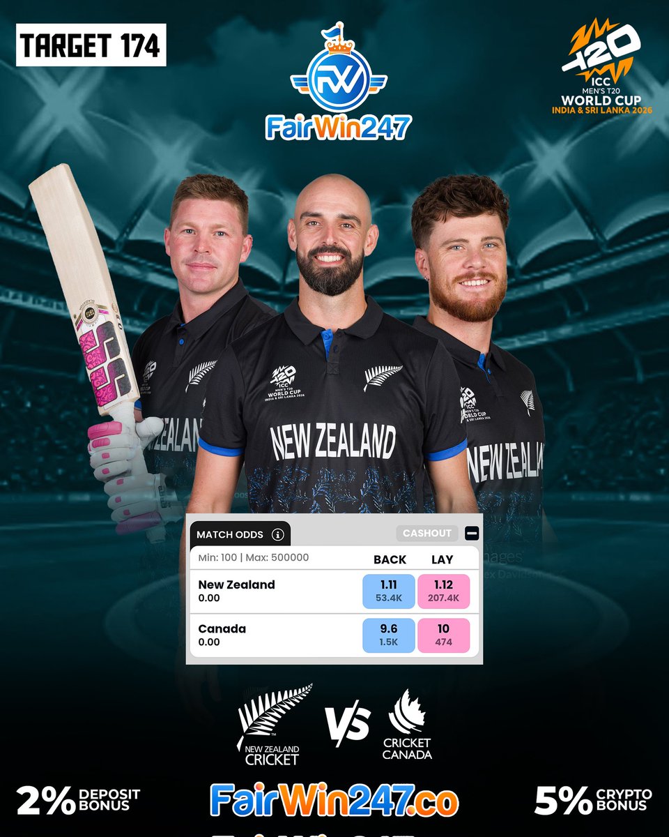 Can NZ chase 174 against Canada?
— Predict now on bit.ly/FAIRWIN247

✓ 2% Deposit Bonus
✓ 5% Instant Crypto Bonus

#NZvsCAN #FairWin247 #T20WorldCup