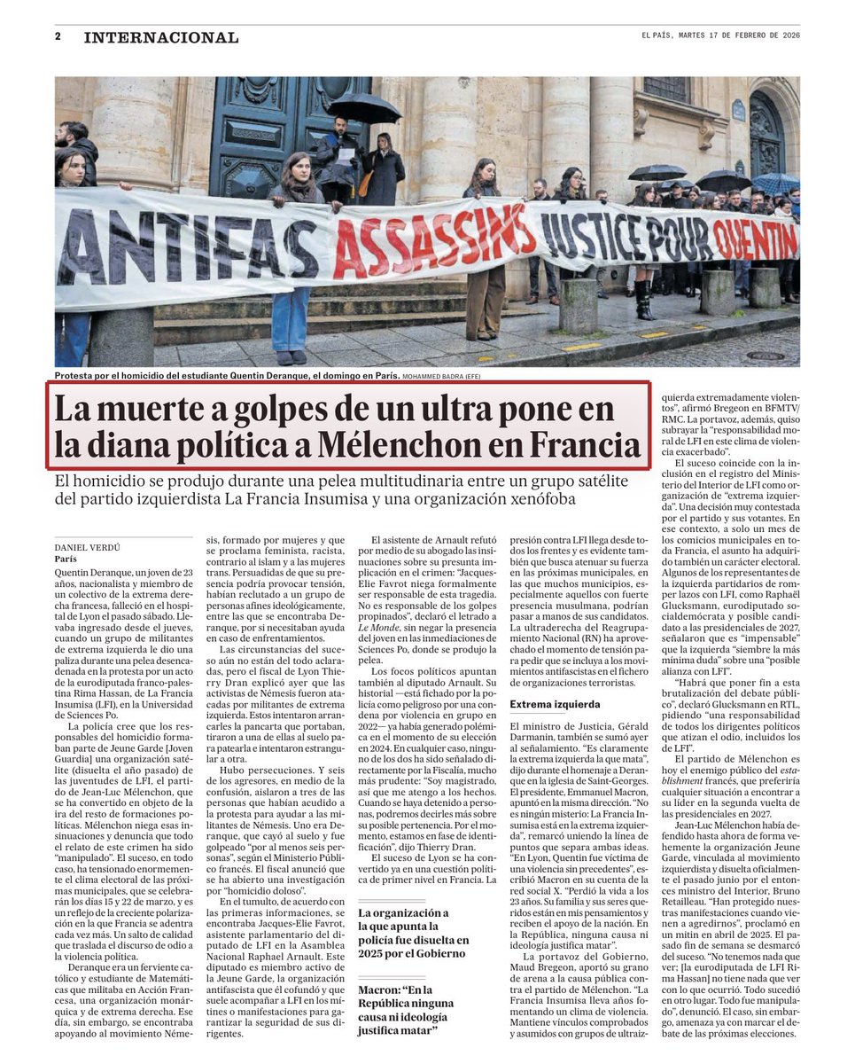 Un nazi convoca un acto violento contra un acto propalestino de una diputada de La Francia Insumisa. Los grupos atacados se defienden, el nazi muere, El País culpa a La Francia Insumisa y le compra todo el argumentario a la extrema derecha francesa.