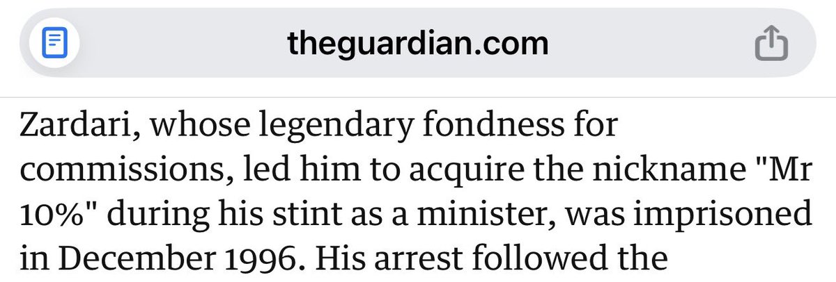 دسمبر 2000 میں برطانوی اخبار The Guardian نے کہا کہ آصف زرداری نے بطور وزیر اپنی کرپشن کی وجہ سے Mr 10% کا لقب حاصل کیا۔ بینظیر بھٹو اور نواز شریف نے ایک دوسرے کا احتساب شروع کیا، اگرچہ اُس میں انتقام شامل تھا لیکن یہ بھی ایک مسلمہ حقیقت ہے کہ دونوں پر کرپشن کے اکثر الزامات سچے