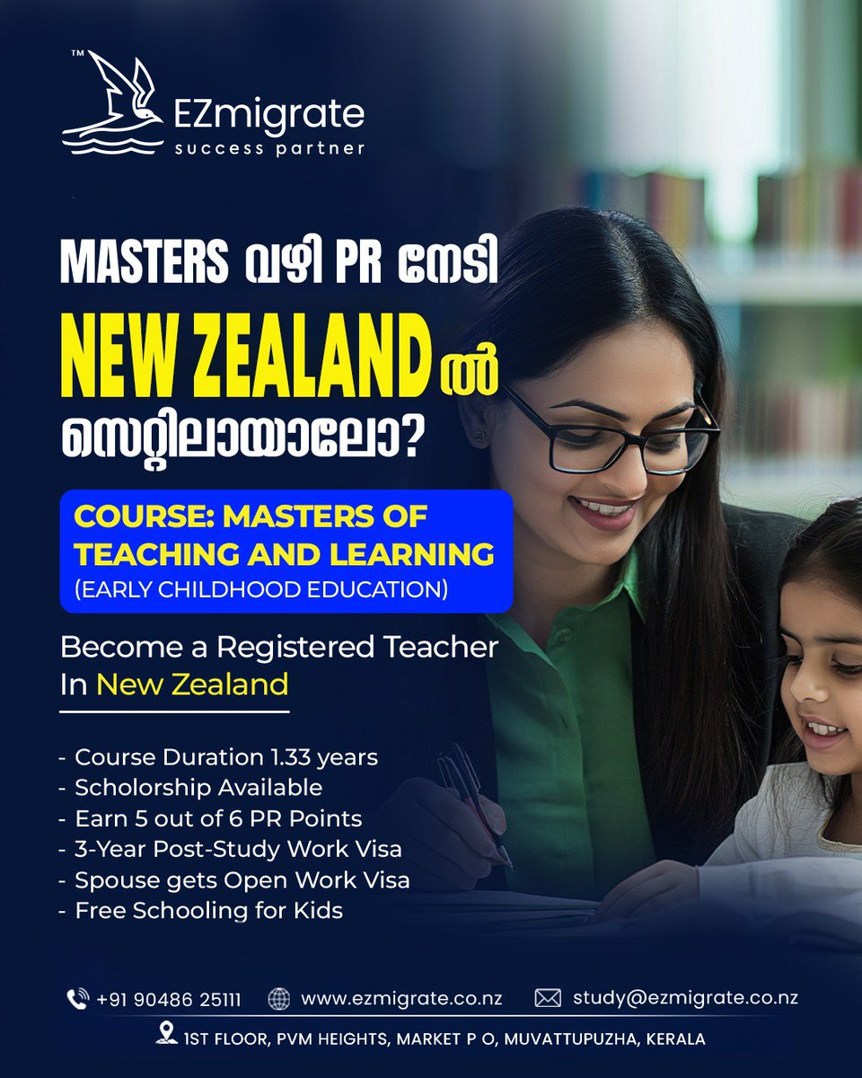 ezmigrate's tweet image. Masters with PR pathway in New Zealand 🇳🇿

Study Masters of Teaching &amp;amp; Learning (Early Childhood Education) and become a Registered Teacher in NZ.

📞 +91 90486 25111
📧 study@ezmigrate.co.nz
🌐 ezmigrate.co.nz

#StudyInNewZealand  #MastersAbroad  #PostStudyWorkVisa