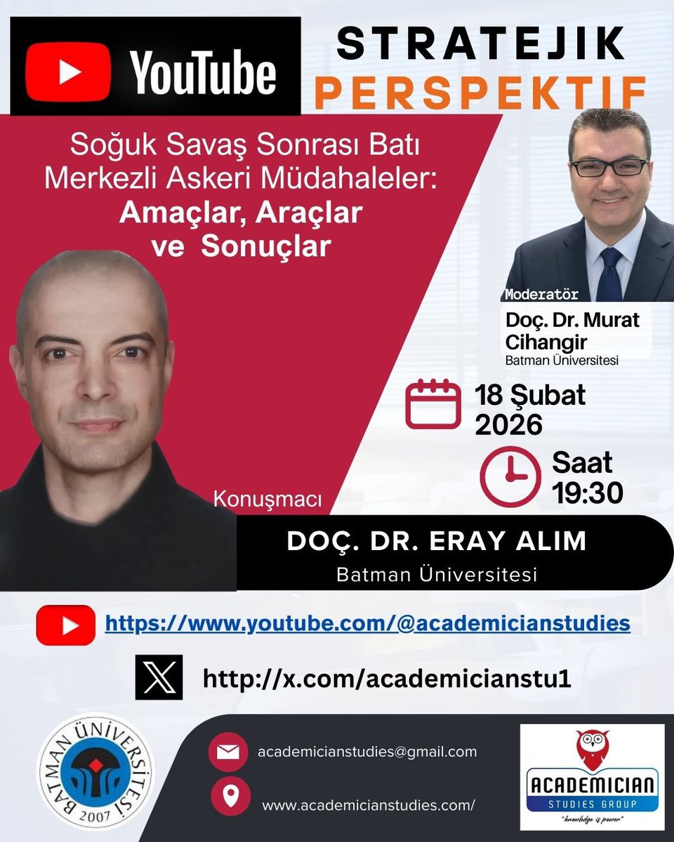 Doç. Dr. Eray ALIM Hocamız Batı Merkezli Askeri Müdahaleleri konuşacak… Bu akşam saat 19:30’da…