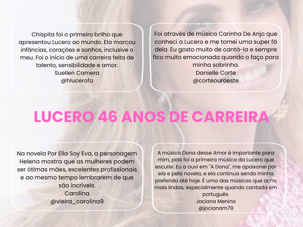 FamiLucerinaBR's tweet photo. Todos os trabalhos da Lucero deixam um quentinho no nosso coração, mas sempre tem aquele que nos emociona mais. Pensando nisso, algumas Lucerinas brasileiras falaram um pouco do que mais as emocionou nesses 46 anos de carreira 😍👏❤️

#LuceroContigo https://t.co/amDFONRWOz