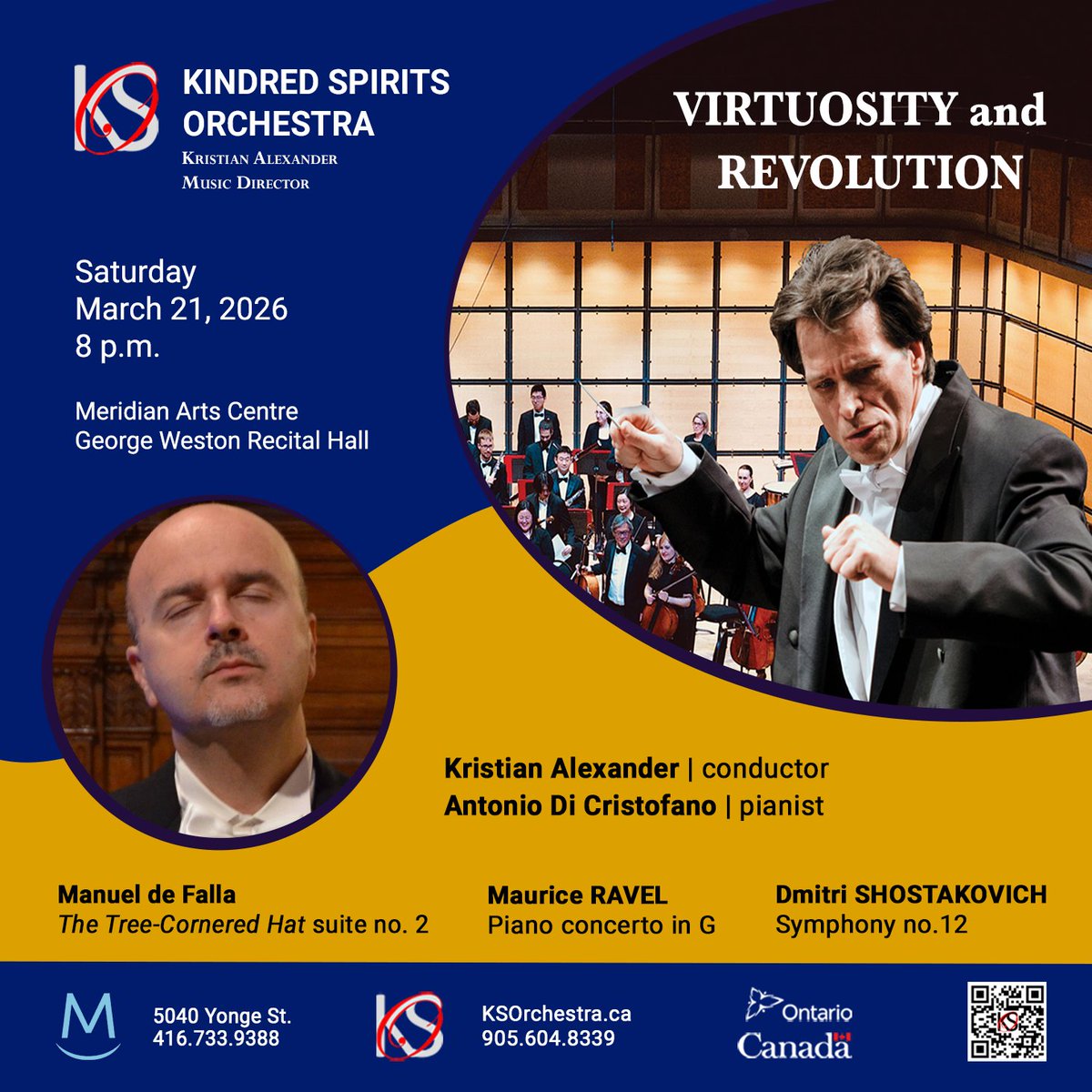 KSOrchestra's tweet photo. Acclaimed Itlian pianist Antonio Di Cristofano presents Ravel's Piano concerto in G with the @KSOrchestra under the direction of @KristianAlex1 on March 21, 2026 at 8 pm. On the program also: Shostakovich 12th symphony. Tickets @ Meridian Arts Centre and https://t.co/UFkTXCxMYE https://t.co/tcSUZUmcen