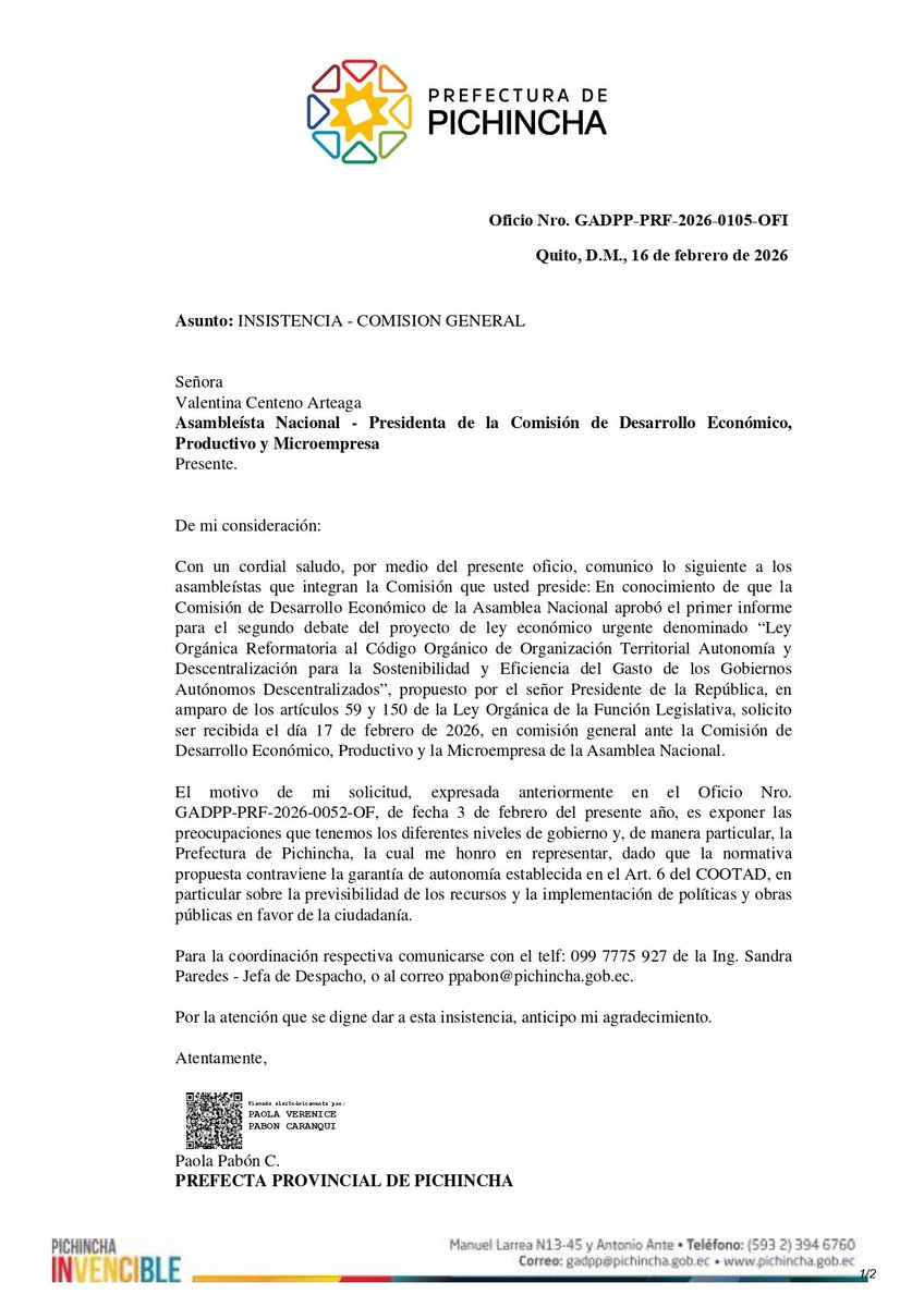 PaolaPabonC's tweet photo. He solicitado formalmente, por segunda ocasión, ser recibida en la Comisión @DesarrolloEcAN de la @AsambleaEcuador. 
Insisto, escuchen a quienes gestionamos los territorios; tenemos las razones para sostener que esta propuesta de ley es inconstitucional y afecta directamente al desarrollo social de la ruralidad.
@NielsOlsen @ValenCenteno
#CarnavalazoDeNoboa