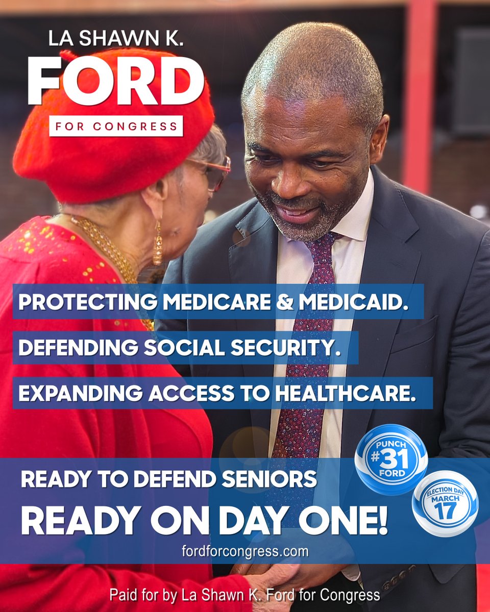 For nearly two decades, I’ve worked to support seniors, protect earned benefits, and keep healthcare accessible. Medicare, Medicaid, and Social Security matter to our communities, and I will continue working to keep them strong. Early voting is underway. 

#FordForCongress #IL07