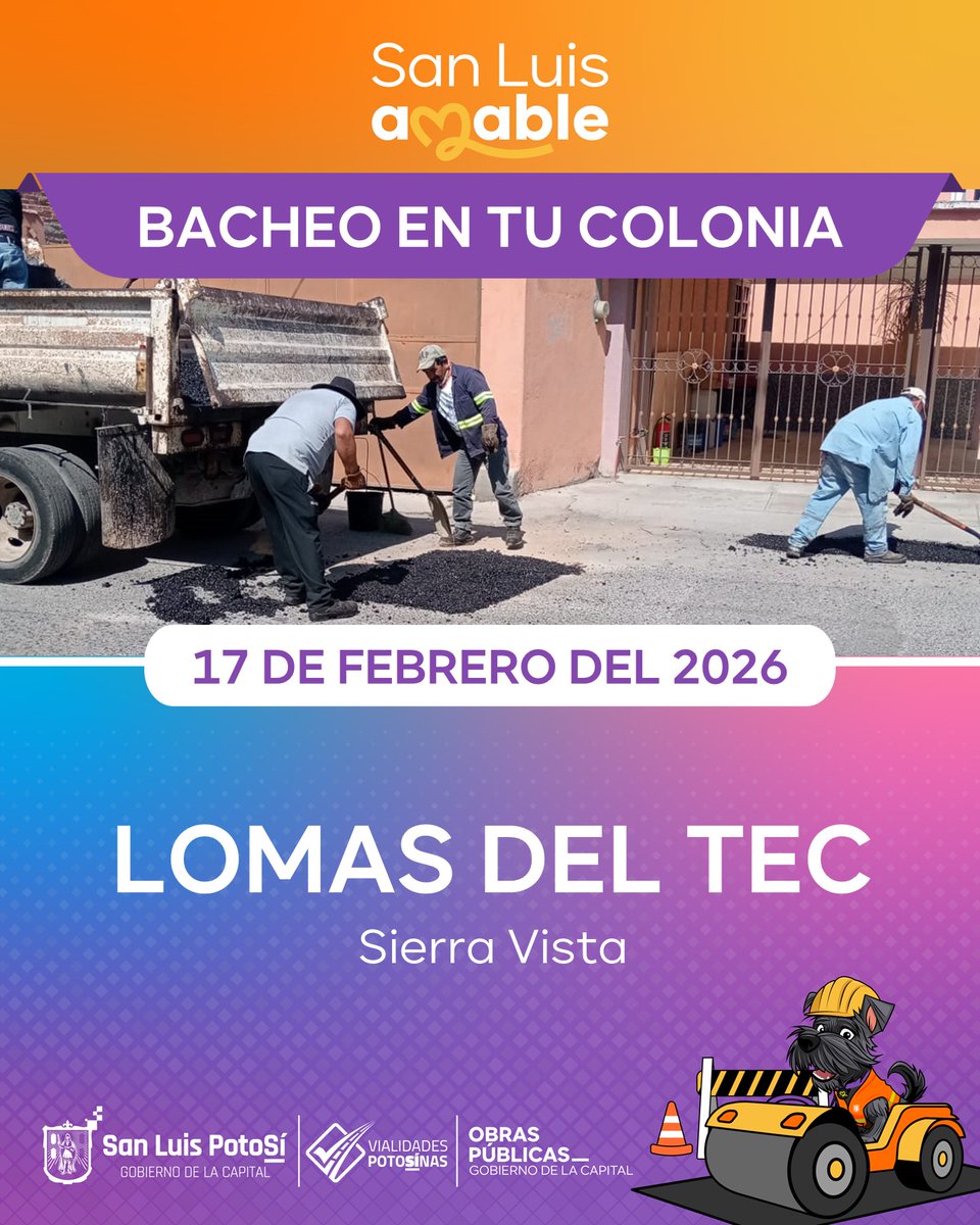 🌤️ ¡Buen martes! 🚧 #BacheoEmergente para hoy 17 de febrero, en calles de colonias

¡Gracias por tus reportes que envías por WhatsApp a 🐶 Güicho!
📲: 444 165 3081 🙌🏼
Consulta aquí la programación de hoy ⬇️

#SanLuisAmable #ObrasMunicipales #VialidadSLP