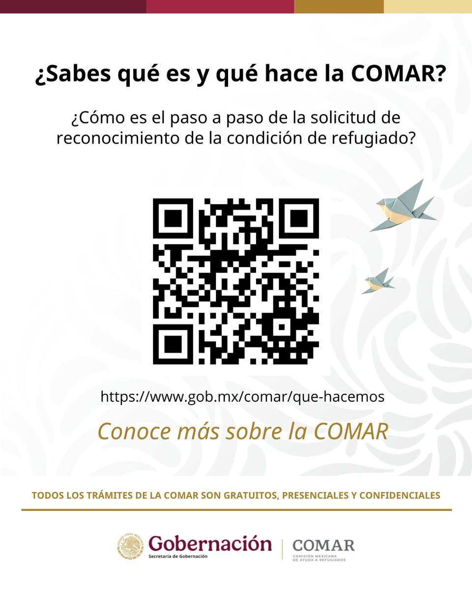 comar_sg's tweet photo. 🧐¿Tienes dudas sobre qué es y qué hace la #COMAR?
📝¿Cómo es el paso a paso de la solicitud de reconocimiento de la condición de refugiado?
📍¿En dónde están las oficinas de la COMAR?

Esto y más lo puedes consultar en nuestro sitio oficial https://t.co/1tiLFMXv3z https://t.co/uC36n74pa5