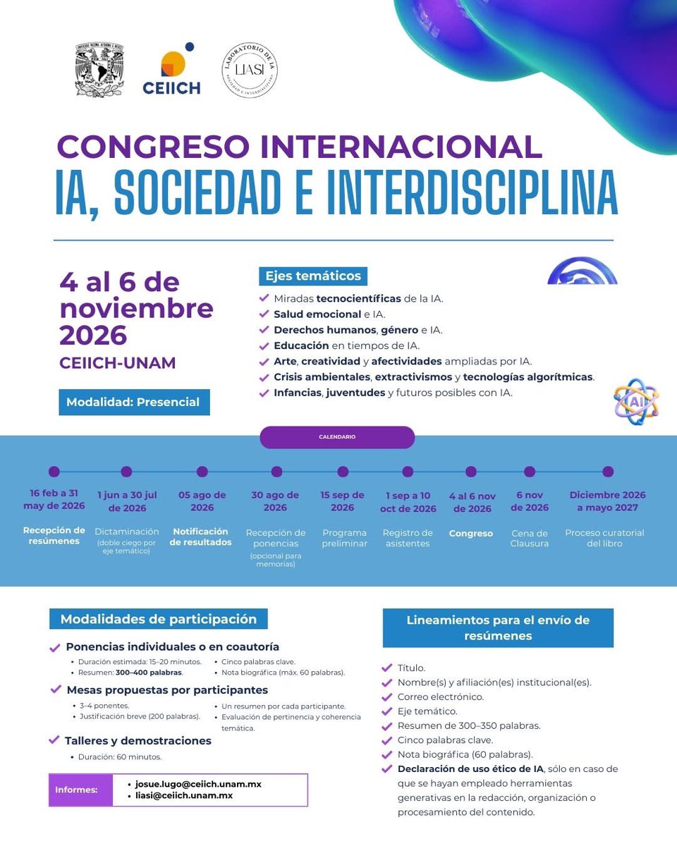josuelugo's tweet photo. Hoy abrimos oficialmente la convocatoria del Congreso Internacional IA, Sociedad e Interdisciplina 🧠✨

Gracias al CEIICH-UNAM por el apoyo institucional que hace posible este espacio colectivo.
#congreso #InteligenciaArtificial https://t.co/BshCXWFgzD
