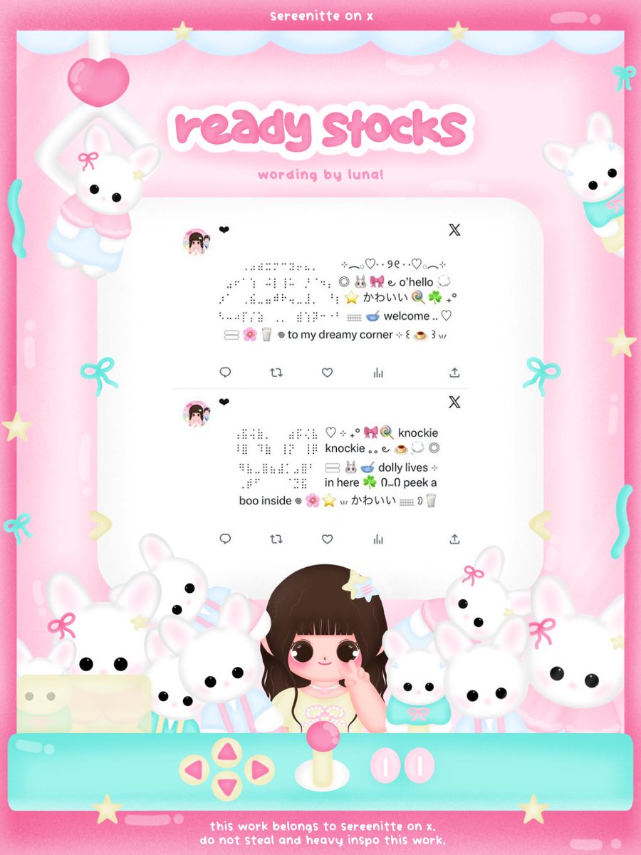 sereenitte's tweet image. ⦅ ♡ ⦆ help rt? thank you 💭 ˖° 

𓈈⊹⁠🎀🍭 യ wanna sprinkle your profile ៶៲៸ ⭐️ with cuteness—?! ｡｡ ⊹🐇🥣 luna just dropped 8 ready stock pinned wording! ☘️ ⊂⊃ peek at the ALT for the prices 🍰🌸 ˖╭╯grab yours sweet  かわいい 𓈒 𓐍 💌 Ი⑅Ი

#zonauang #zonajajan
