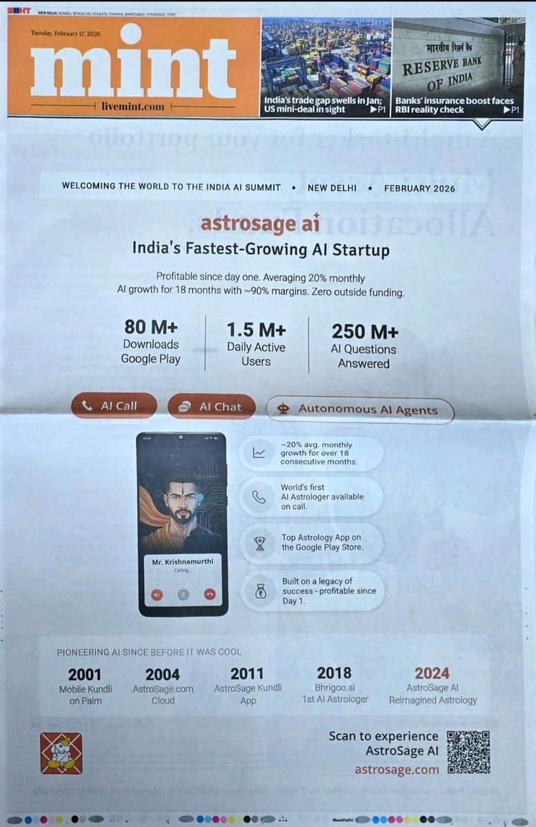 pandeypiyush's tweet photo. 80M+ downloads. 1.5M daily active users.  ~90% margins. ~20% average monthly AI growth for 18 months. Zero outside funding. 
While the world discusses AI's potential at India AI Summit this week, we thought we'd share what AI at scale actually looks like.
#AstroSageAI
#AISummit https://t.co/ofIgIfXYsr