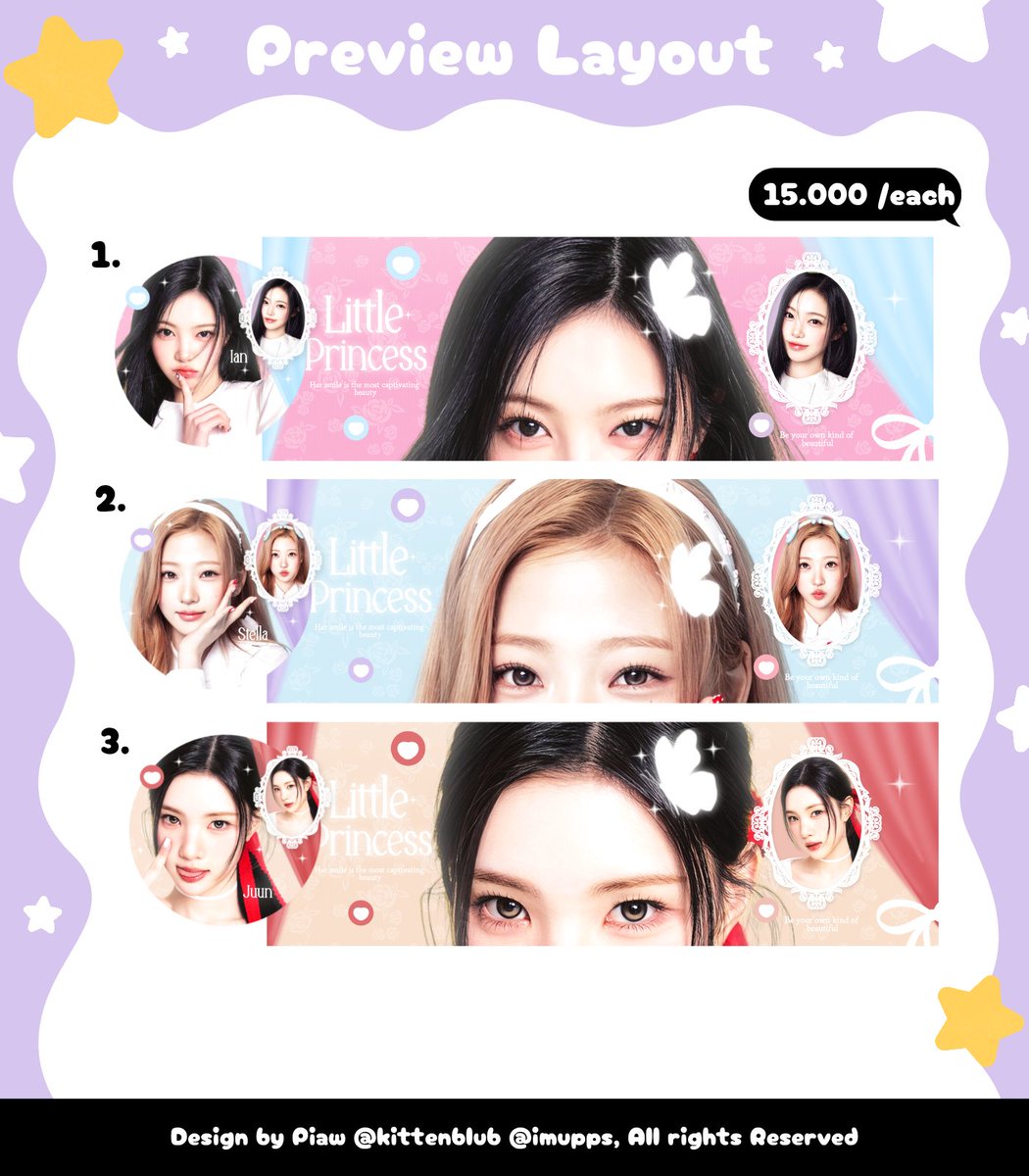 kittenblub's tweet image. 🍮💬 Help RT { Any interaction are appreciated! ✨️}

Layout ready stock Ian Stella Juun Carmen Yuha Jiwoo siap dijemput skrng &amp;gt;3&amp;lt;! Princess cantik nih 🦋🎀 #zonauang