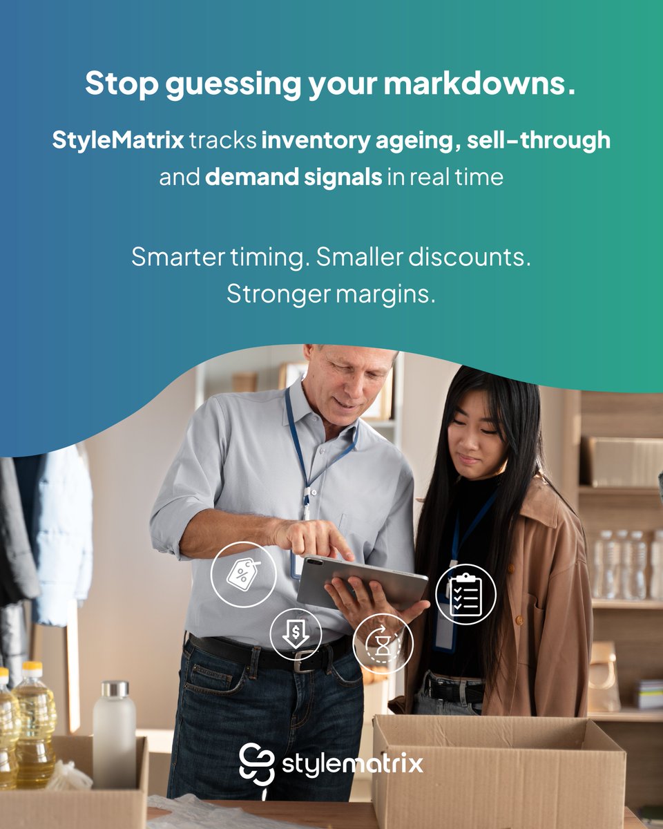 Stylematrixau's tweet image. Discounts aren’t just about price, they’re about timing.

StyleMatrix tracks stock ageing and demand so you hit the sweet spot and protect profit.

#RetailStrategy #MarginProtection #StockManagement #StyleMatrix #OptimisedMarkdowns