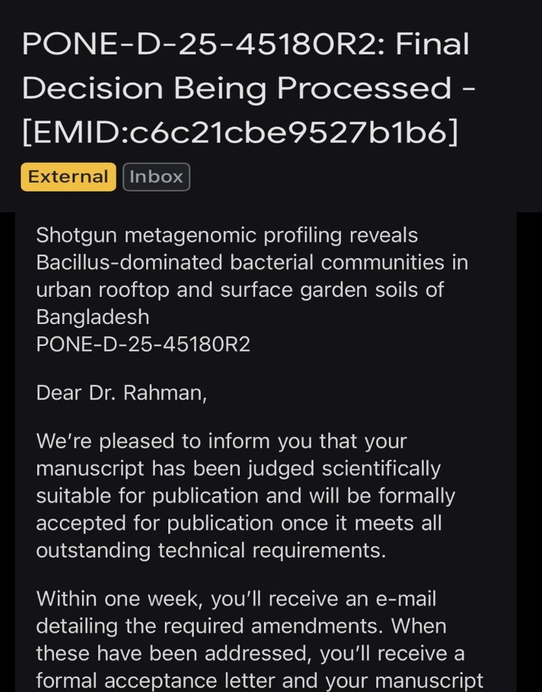 tanvirahman's tweet photo. Alhamdulillah, just got accepted in PLOS ONE
*****************************
Congratulationbs Nazmul Hoque Liton Rana and all...
Focsung: Shotgun metagenomic profiling reveals Bacillus-dominated bacterial communities in urban rooftop & surface garden soils of Bangladesh
#mtrlabbau https://t.co/WXGtzsEK6l