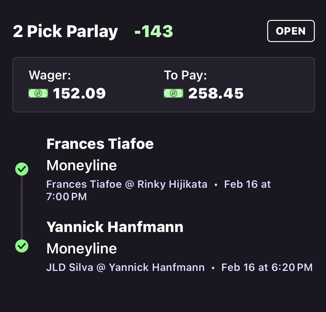 CASH THE AFTERNOON LAY✅

🎾 Frances Tiafoe + Yannick Hanfmann MLP ✅

SEEN SOME HATERS I GUESS WERE DOIN SOMETHIN RIGHT😂😂

#Gambling𝕏 #OnyxOdds #Tennis #BettingCommunity #TennisPicks