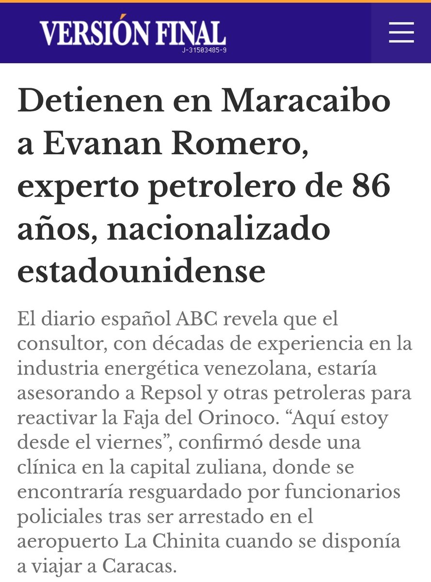 <a href="/RomeroEvanan/">Evanan Romero</a>
86 años.
Experto petrolero venezolano.
Nacionalizado estadounidense.

¿La amenaza? Saber demasiado.

La dictadura derrotada —esa que perdió el poder real pero se aferra al aparato represivo— vuelve a hacer lo único que sabe hacer: intimidar. Cuando no pueden