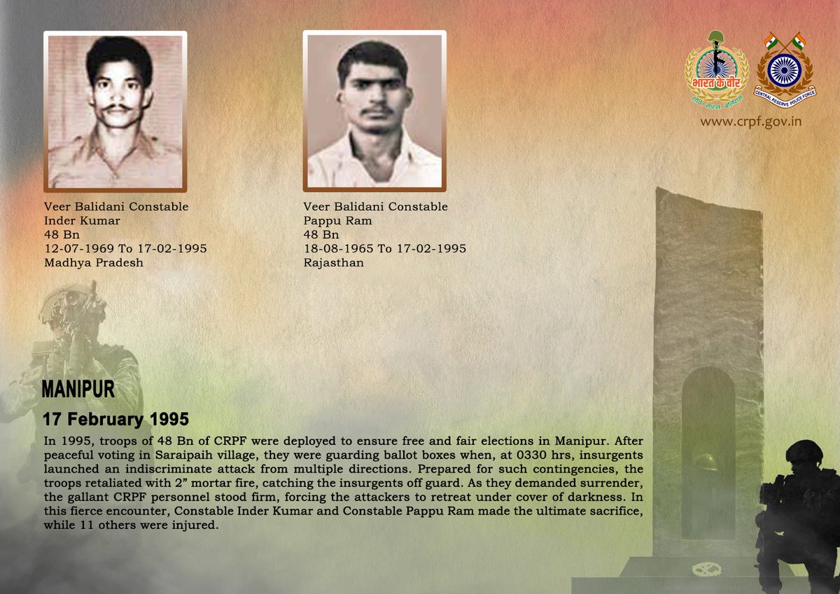 crpfindia's tweet image. DG and all Ranks of #CRPF pay solemn tribute to two valiant troopers of 48 Bn, who made the supreme sacrifice while repulsing an attack by insurgents in Manipur on 17 February 1995. #CRPF salutes the bravehearts and pledges never to let their sacrifice go in vain.

#LestWeForget